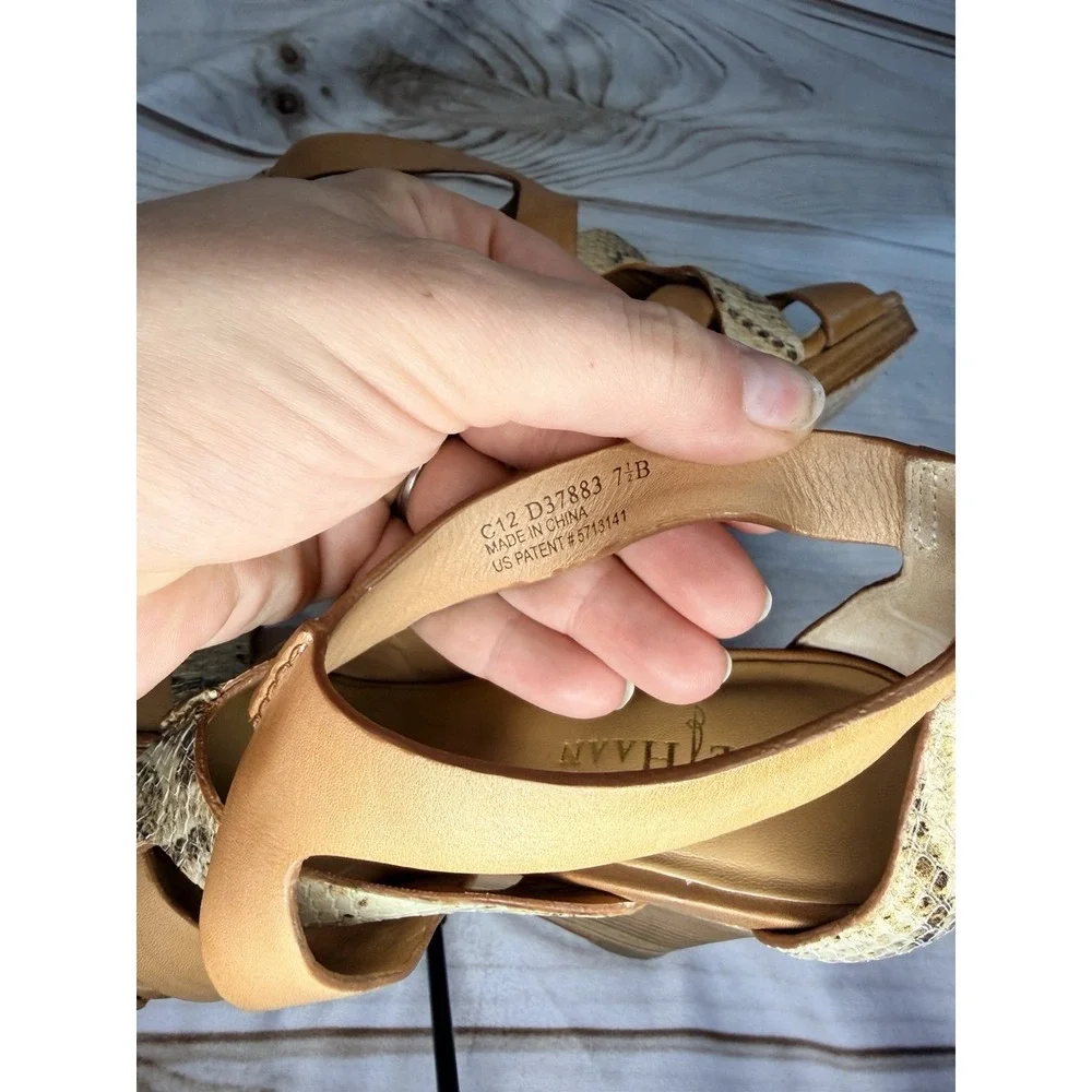 Cole Haan Air Wedge Heel Sandals Womens 7.5 B‎ Brown Leather Strappy Snakeskin